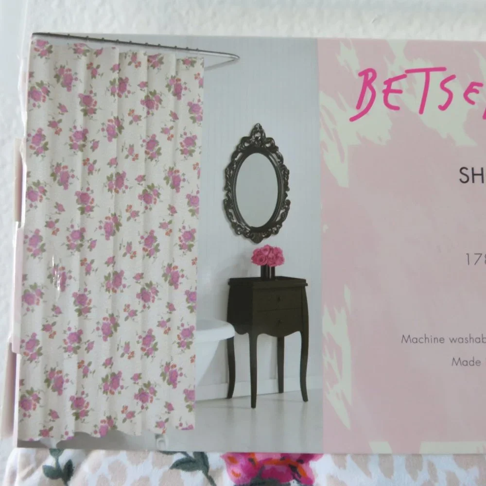 (#A) Betsey Johnson Floral  Leopard Shower Curtain and 12 Ball Hooks